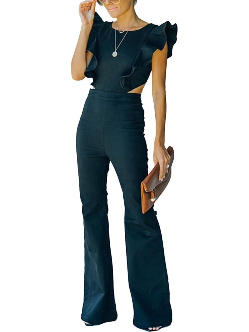 Women's Black Wide Leg Denim Overalls Flared Denim Jumpsuits Stretchy Rompers